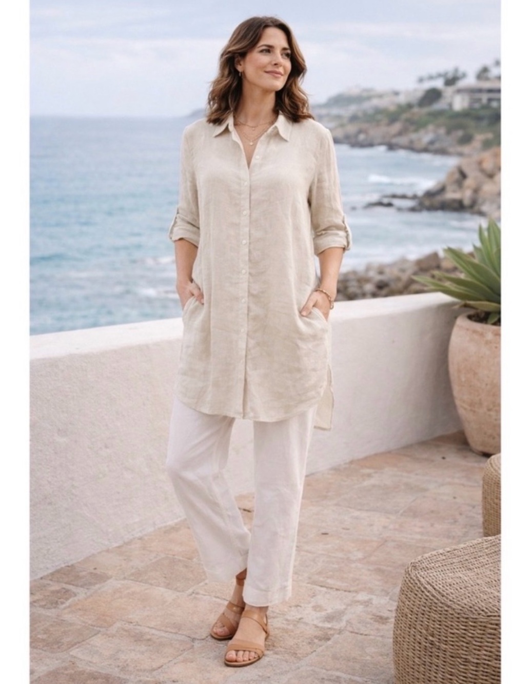 Tahari Linen Tunic Shirt Dress Coveralls Medium beige